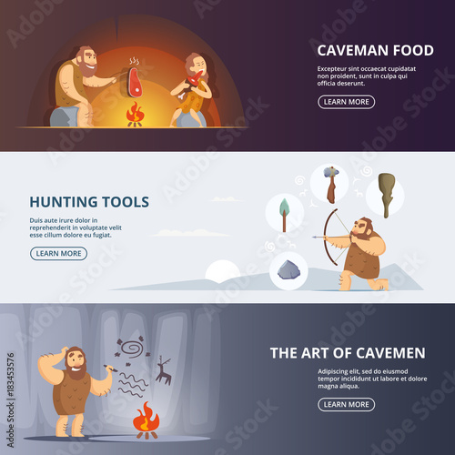 Caveman and woman in prehistoric period. Banners set with place for your text
