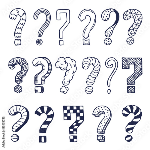 Set of drawn question marks in different styles. Vector doodles