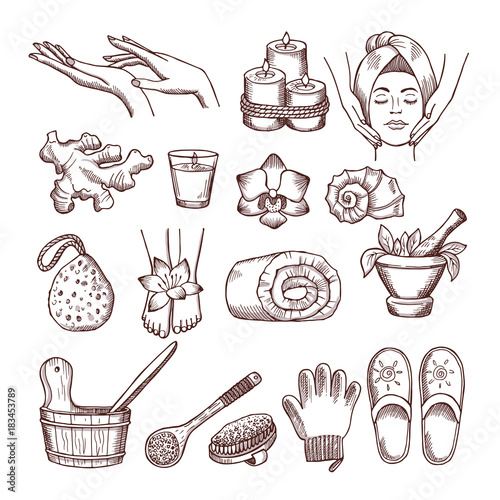 Doodle pictures set for relaxing or massage spa salon. Aromatherapy illustrations