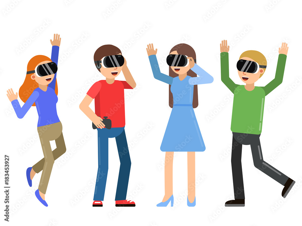 Obraz premium Funny people playing in video games in helmet of virtual reality