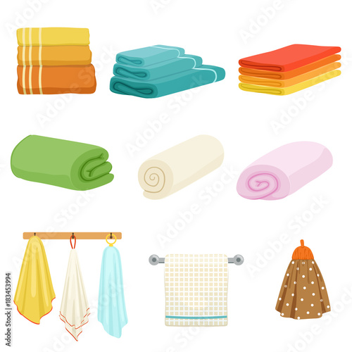 White and colored soft bathe or kitchen towels. Vector illustrations isolate