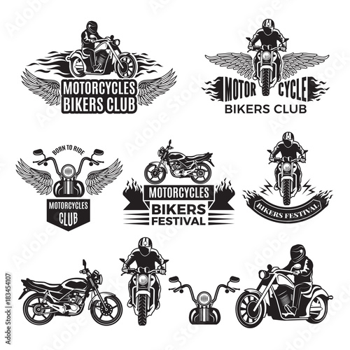 Emblems or logo designs for club of bikers. Illustrations of custom motorcycles and choppers