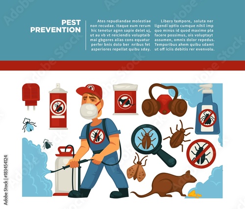 Extermination or pest control service and sanitary domestic disinfection vector flat design poster.