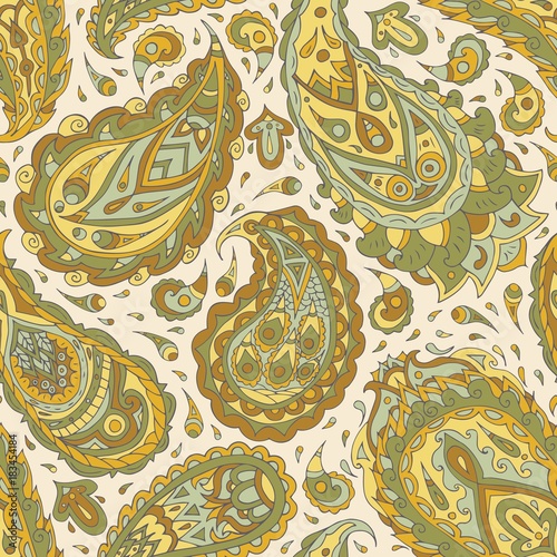 Vintage floral Seamless pattern with fantasy flowers. Ethnic ornament. Stylized decorative flowers in folk style. Traditional handcraft.  Vector illustration. Paisley print hand drawn elements