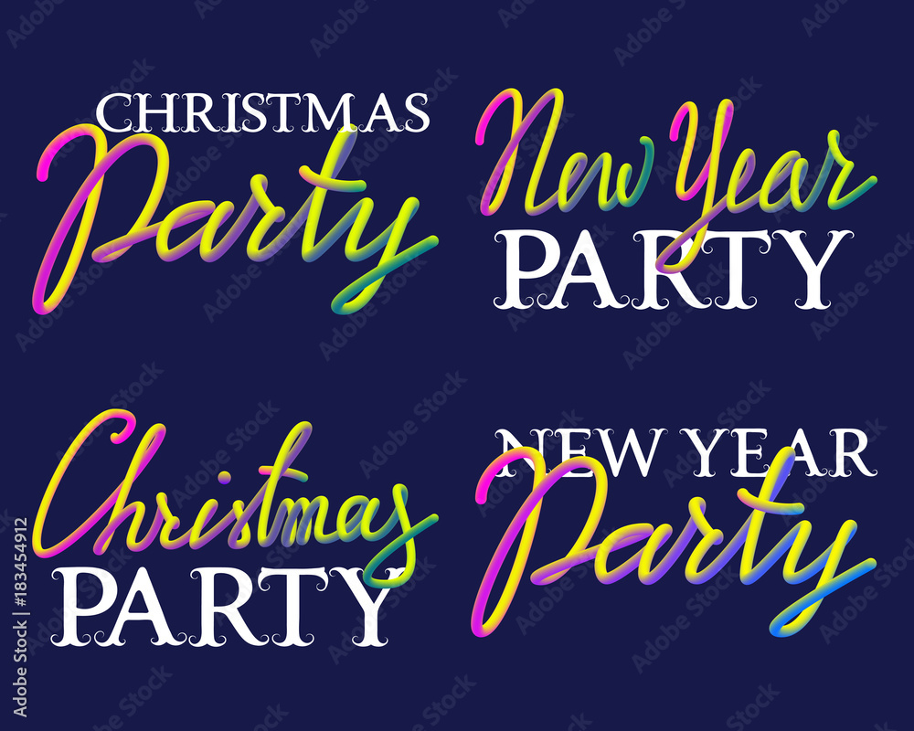 New Year and Christmas Party fluid colors and white lettering set. Elements for poster design.