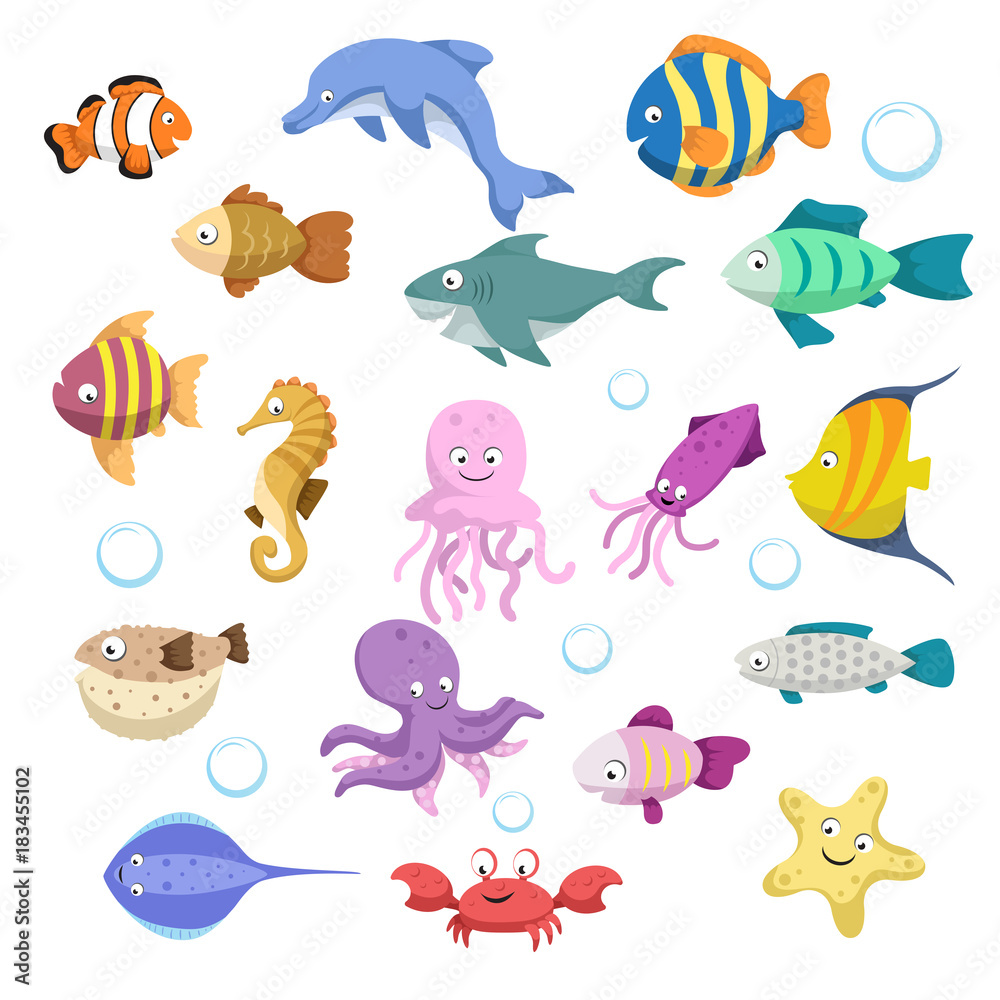 Naklejka premium Duży zestaw kreskówka modnych kolorowych zwierząt rafowych. Ryby, ssaki, skorupiaki, delfin i rekin, ośmiornice, kraby, rozgwiazdy, meduzy. Tropikalna rafa koralowa.