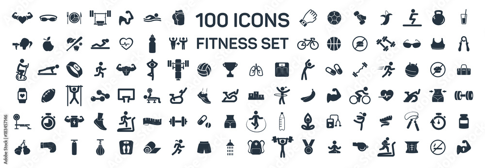 Fototapeta sprawność fizyczna i sport 100 odosobnionych ikon ustawiających na białym tle