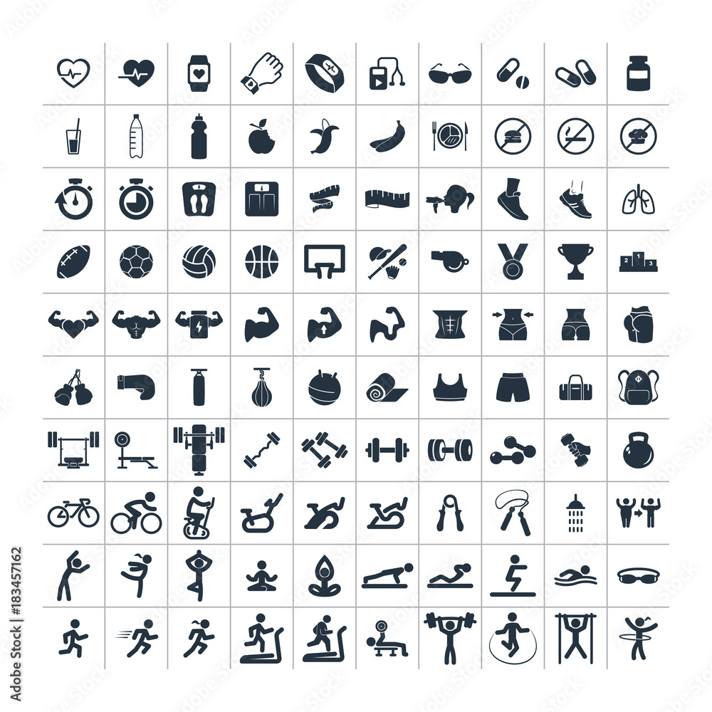 Obraz premium fitness and sport 100 isolated icons set on white background