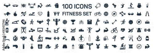 fitness and sport 100 isolated icons set on white background