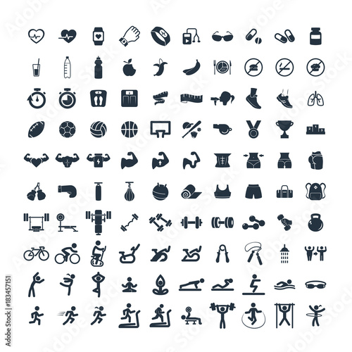 fitness and sport 100 isolated icons set on white background