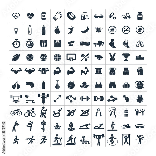 fitness and sport 100 isolated icons set on white background