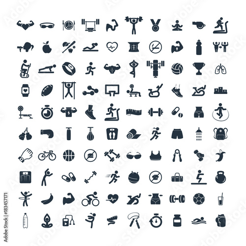 fitness and sport 100 isolated icons set on white background