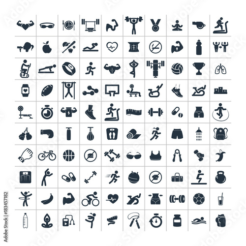 fitness and sport 100 isolated icons set on white background