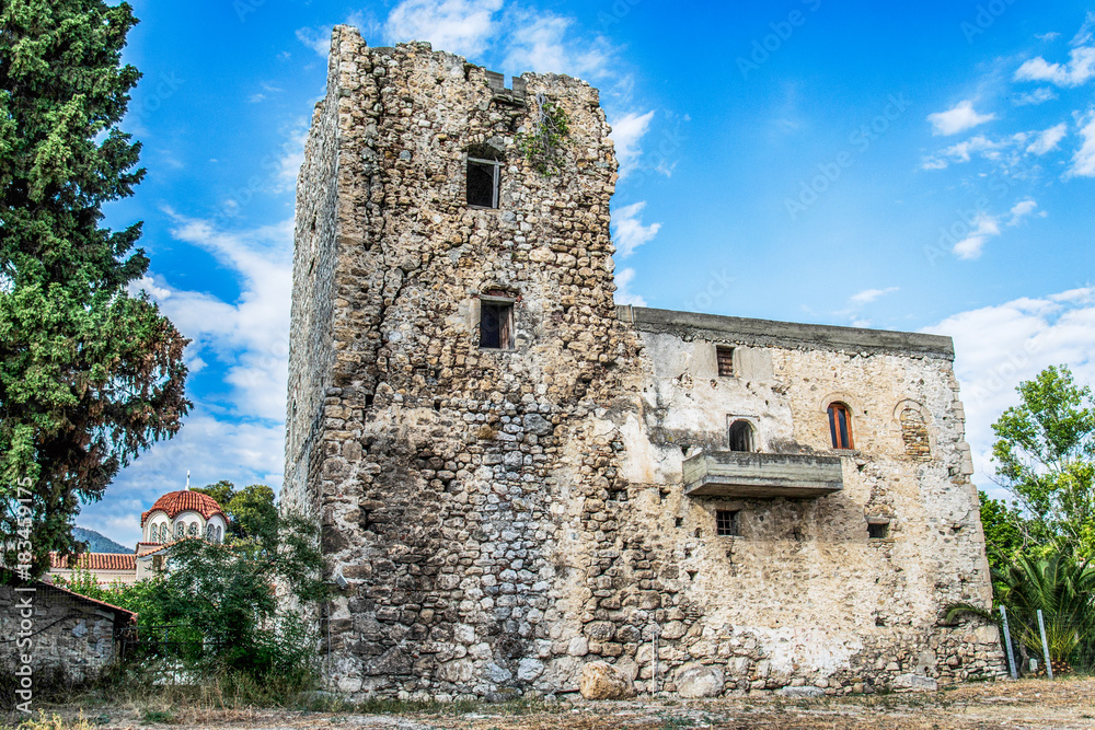 Naklejka premium Medievil Tower in Rovies, Evia island, Greece