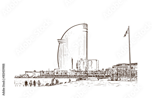 Hand drawn sketch illustration of La Barceloneta, Neighborhood Barcelona, Spain in vector photo