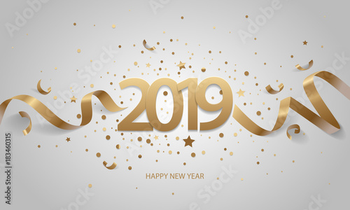 Happy New Year 2019. Golden numbers with ribbons and confetti on a white background.
