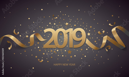 Happy New Year 2019. Golden numbers with ribbons and confetti on a black background.