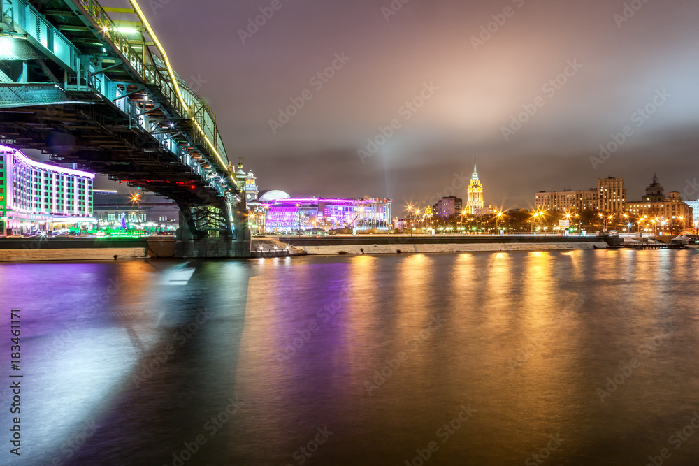 Beautiful cityscape, Moscow at night, the capital of Russia, city lights and reflection in the river