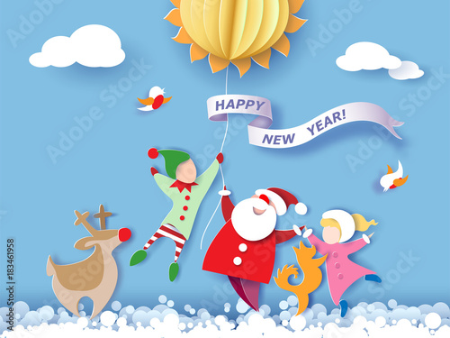 Color paper cut design and craft winter landscape with reindeer, Santa Claus, dog, boy and girl and digit 2018. Holiday New year and Merry Christmas card. Vector illustration