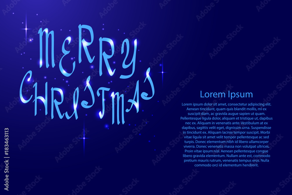 Merry Christmas lettering, holiday calligraphy with luminescence stars for banner, poster, greeting card, party invitation of vector illustration