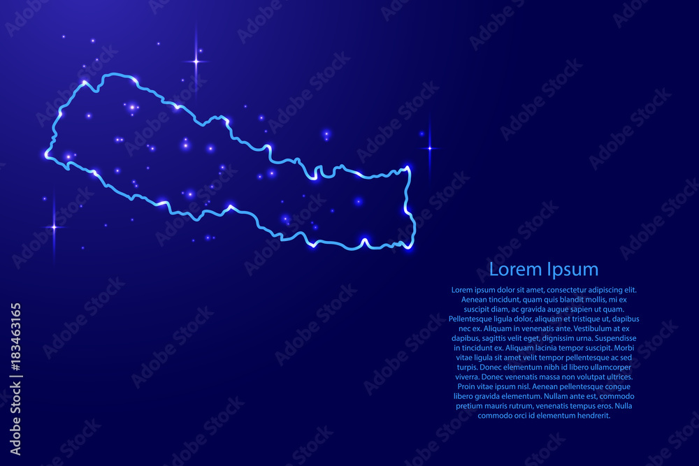 Map Nepal from the contours network blue, luminous space stars for banner, poster, greeting card, of vector illustration
