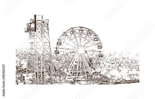 Hand drawn sketch illustration of Ferris wheel in Tibidabo with panoramic view over Barcelona, Spain in vector