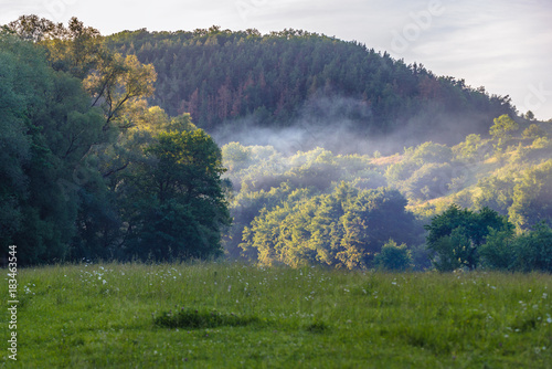 Meadow in Dzhuryn river valley near famous Dzhurynskyi waterfall in Ukraine photo