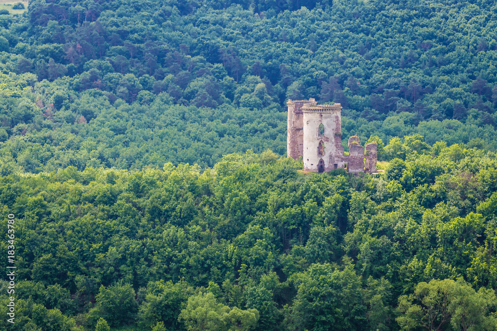 Abandoned ruins of Chervonohorod Castle over Dnister River Valley landscape park in Ukraine