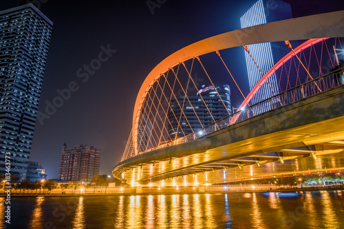Tianjin Hai river waterfront downtown skyline with illuminated modern bridge,China
