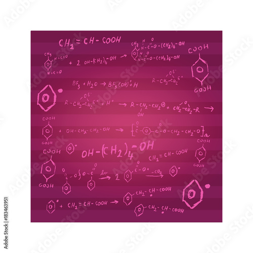 Chemistry background with stripes in burgundy color consisting of chemical reactions and formulas