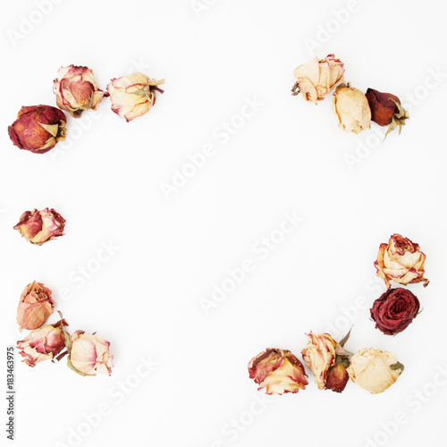 Flat lay. Top view. Minimal fashion photography. Beautiful romantic composition with flowers. St. Valentines Day background