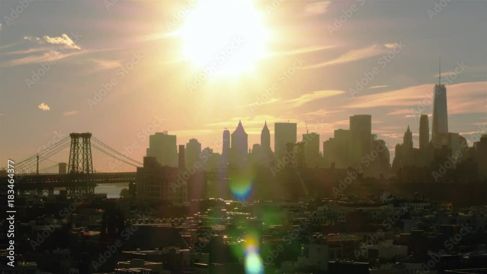 Aerial Panoramic view of New York skyline at sunset. Camera moving from right side to left one. Evening center of financial consulting world. Aerial Panoramic view of New York skyline at sunset. Camera moving from right side to left one. Evening center of financial consulting world.
