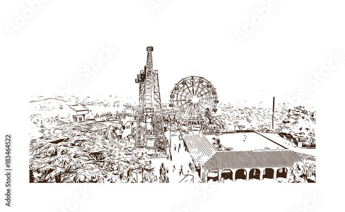 Hand drawn sketch illustration of Ferris wheel in Tibidabo with panoramic view over Barcelona, Spain in vector