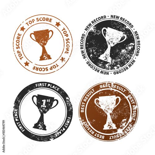 Set of retro stamp imprints with winner cup award on white