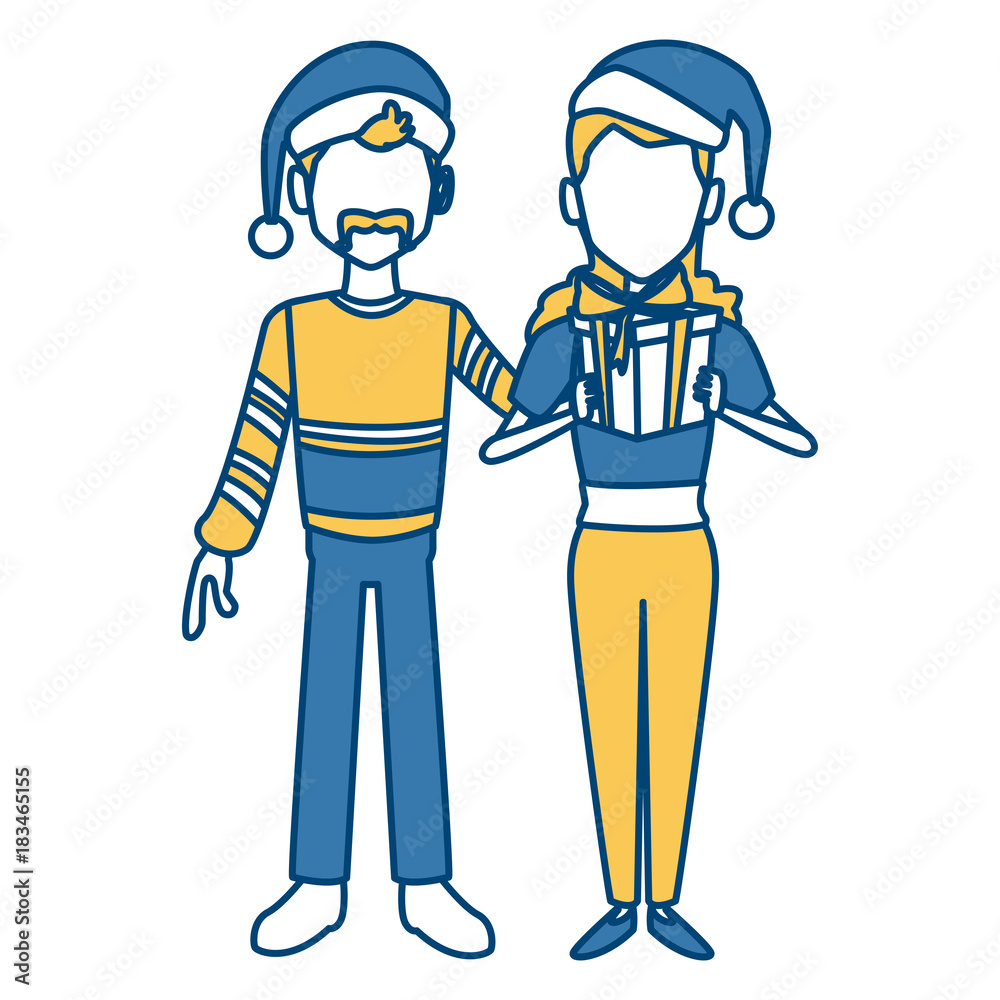 Beautiful couple with christmas hats icon vector illustration graphic design Beautiful couple with christmas hats icon vector illustration graphic design