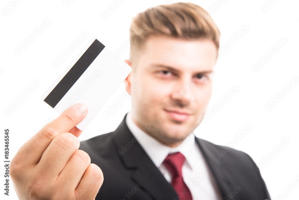 Selective focus of manager holding credit or debit card Selective focus of manager holding credit or debit card