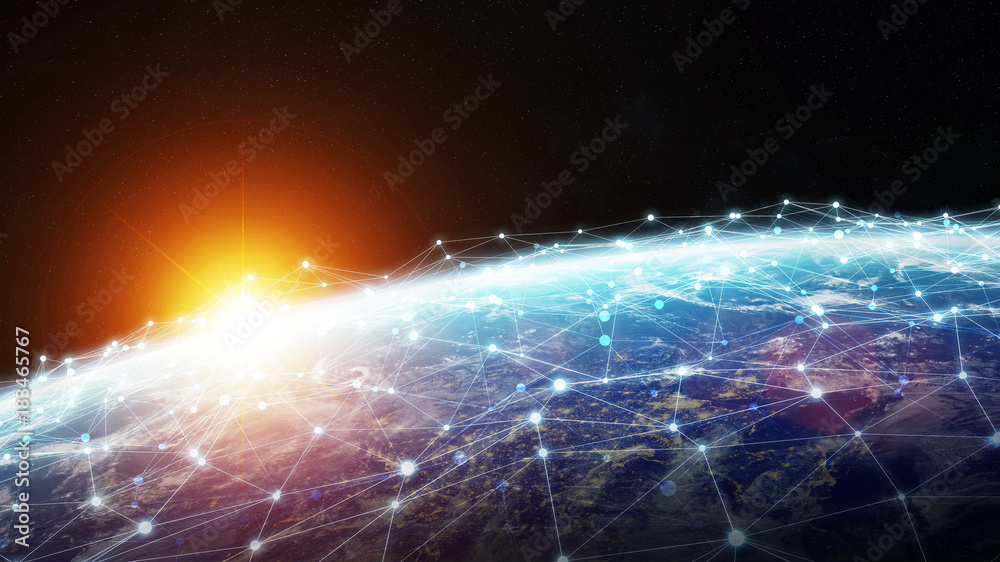 Connections system and datas exchanges on planet Earth 3D rendering Connections system and datas exchanges on planet Earth 3D rendering