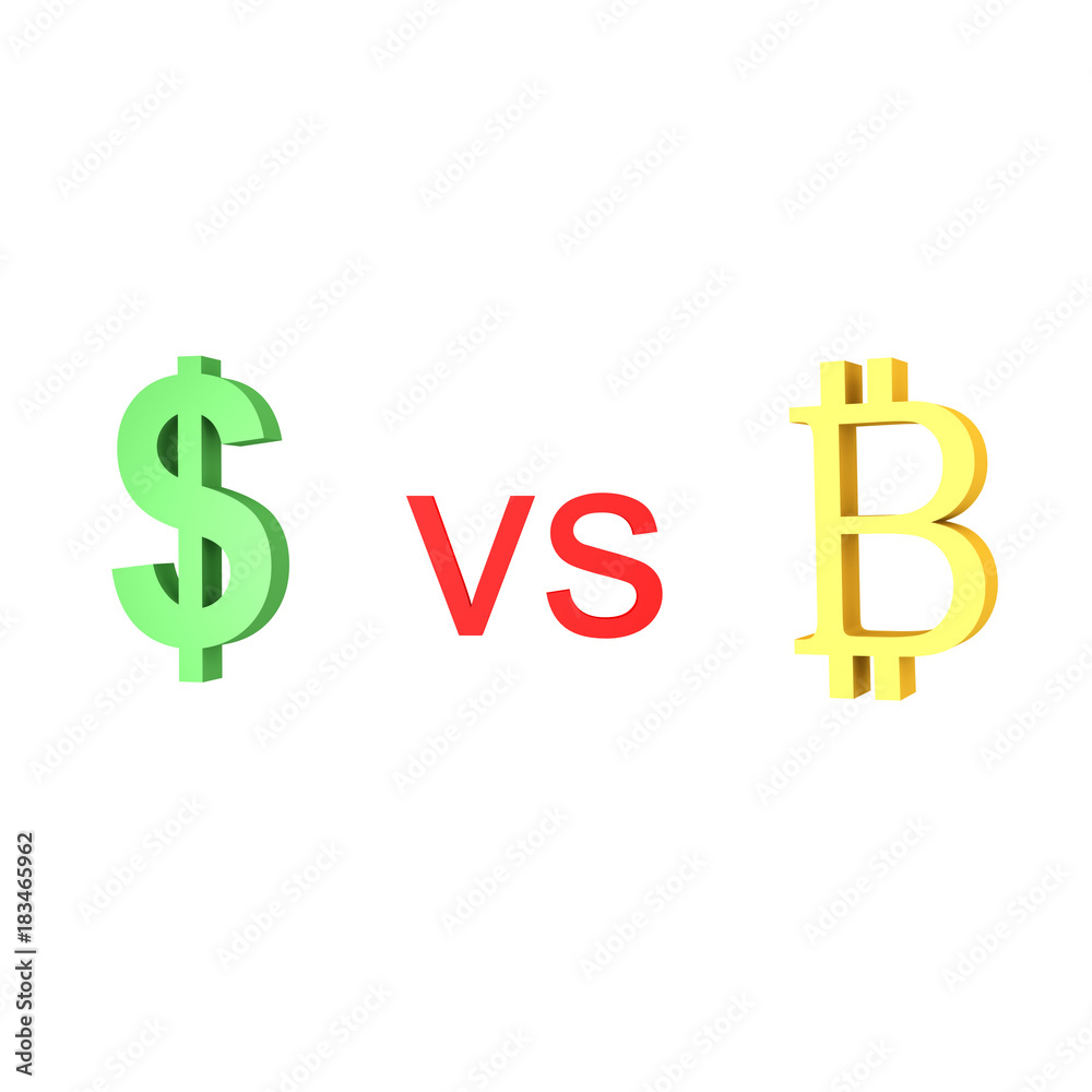 3D illustration showing dollar versus bitcoin 3D illustration showing dollar versus bitcoin