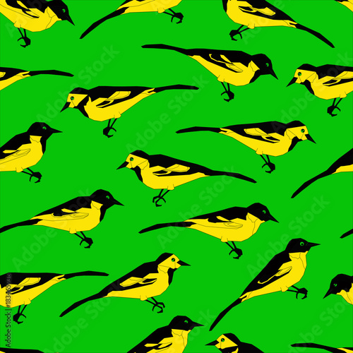 yellow birds on a bright green background. Seamless pattern © Viktoriia
