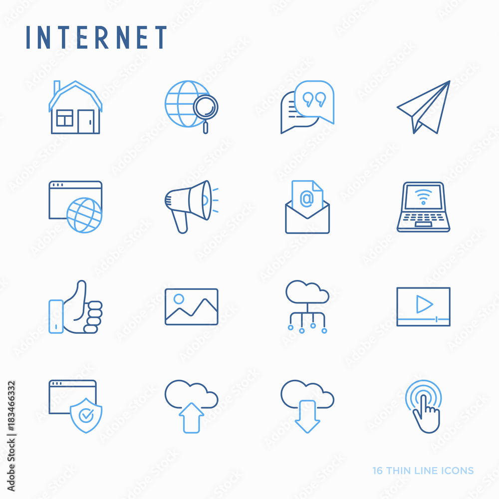 Internet thin line icons set: e-mail, chatm laptop, share, cloud computing, seo, download, upload, stream, global connection. Modern vector illustration.