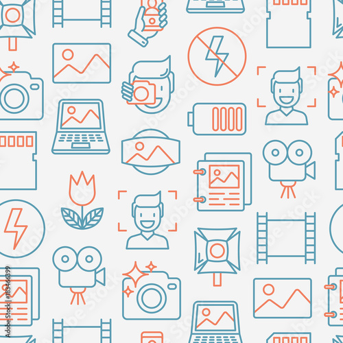Photography seamless pattern with thin line icons of photographer, film, crop, flash, focus, light, panorama. Vector illustration.