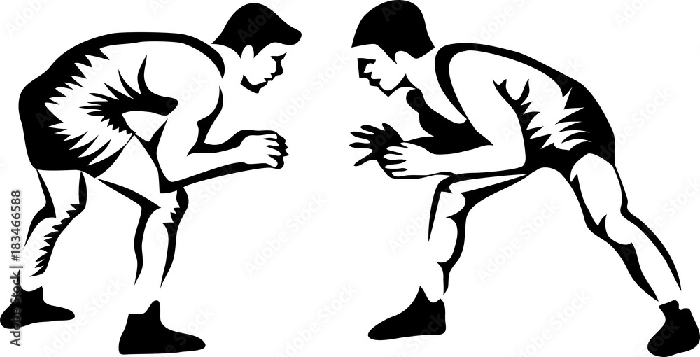 Fototapeta premium Wrestlers - stylized black and white vector illustration