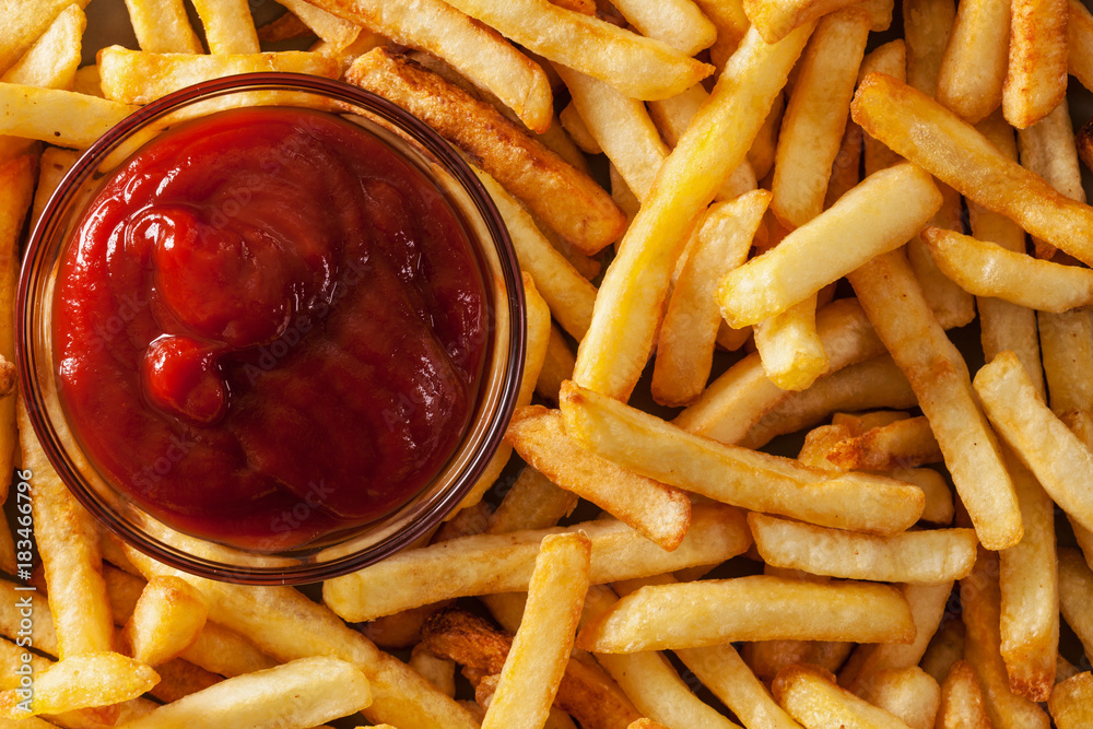Delicious french fries and ketchup top view Stock Photo Adobe Stock