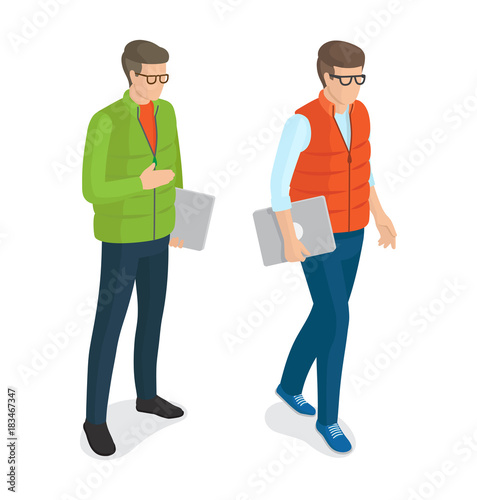 Men with Laptops in Glasses Vector Isolated White