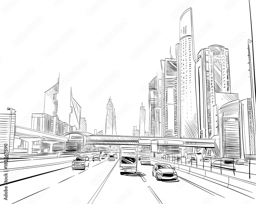 Naklejka premium Dubai. Zjednoczone Emiraty Arabskie. Ręcznie rysowane szkic miasta. Ilustracji wektorowych.