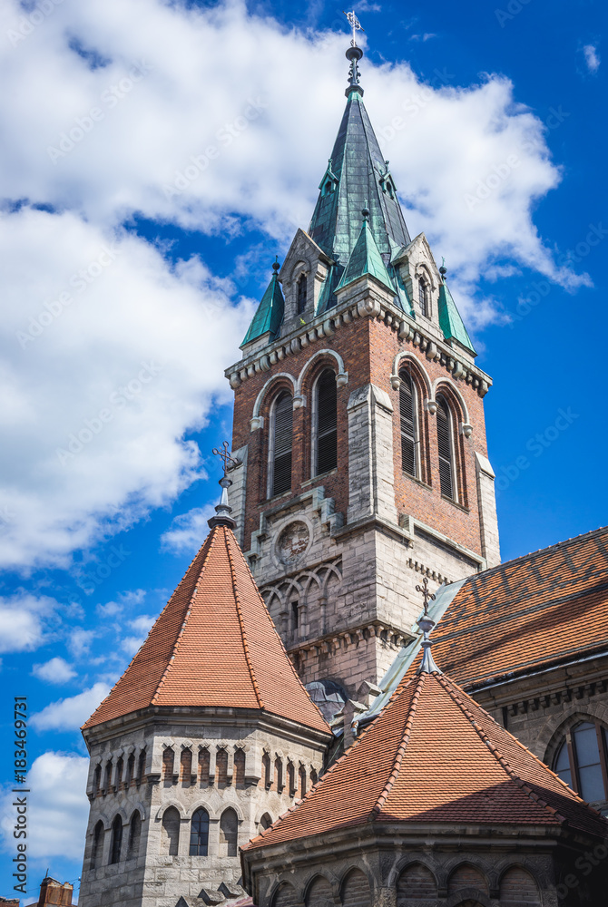 Bell tower of Catholic Church of St Stanislaus in Chortkiv, Ukraine