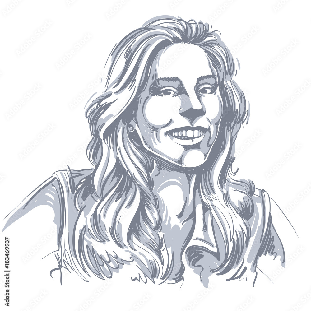 Monochrome vector hand-drawn image, happy smiling young woman. Black and white illustration of glad or jolly girl with beautiful long wavy hair.