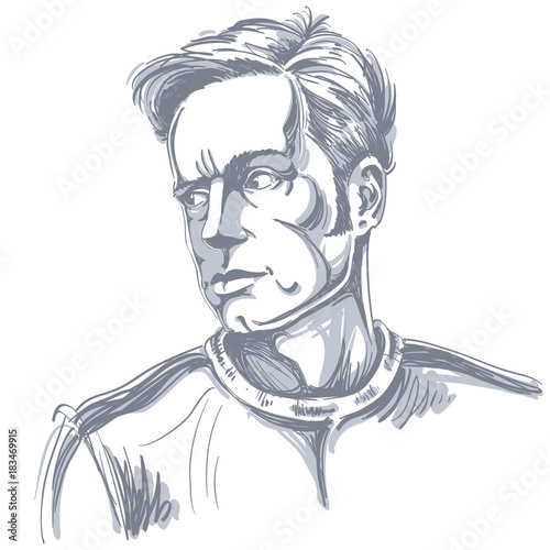 Grayscale portrait of good-looking severe man, black and white vector drawing. Emotional expressions idea image.
