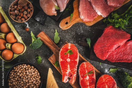 Healthy food background. Selection of protein sources: beef and pork meat, chicken  filet, salmon fish, egg, beans, nuts, milk. Top view copy space, dark background
