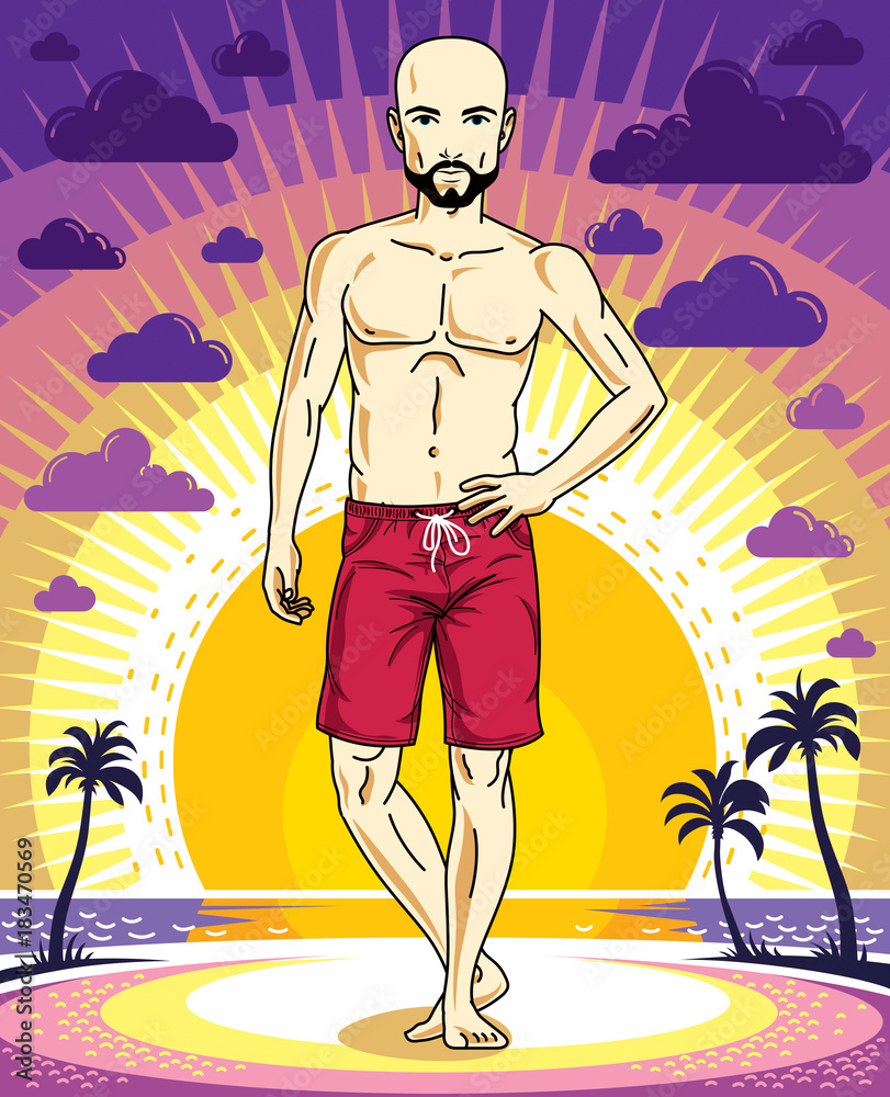 Handsome bald man with beard and mustaches poses in red shorts on background of sunset landscape with palms. Vector character. Summer holidays theme.